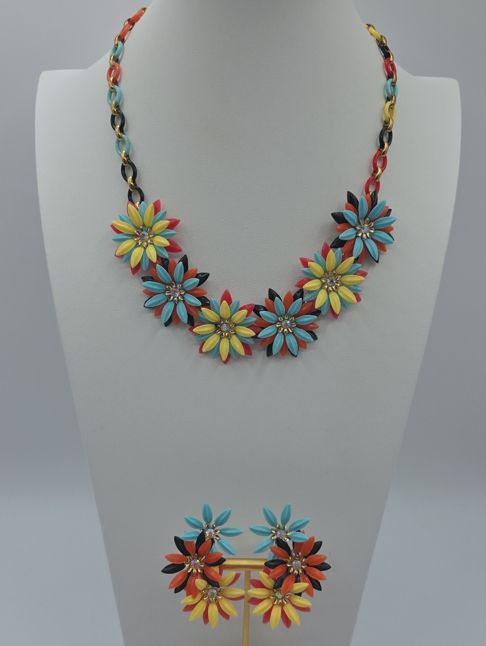 Coro Multicolor Flower Necklace and Earrings Set - Turquoise Yellow Red Black